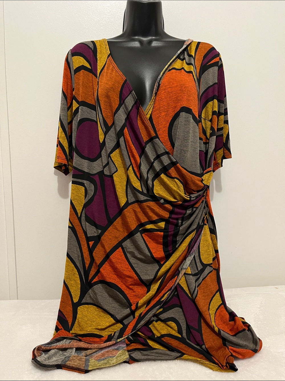 J.B.S. Abstract Orange and Purple Wrap-Style Women's Dress